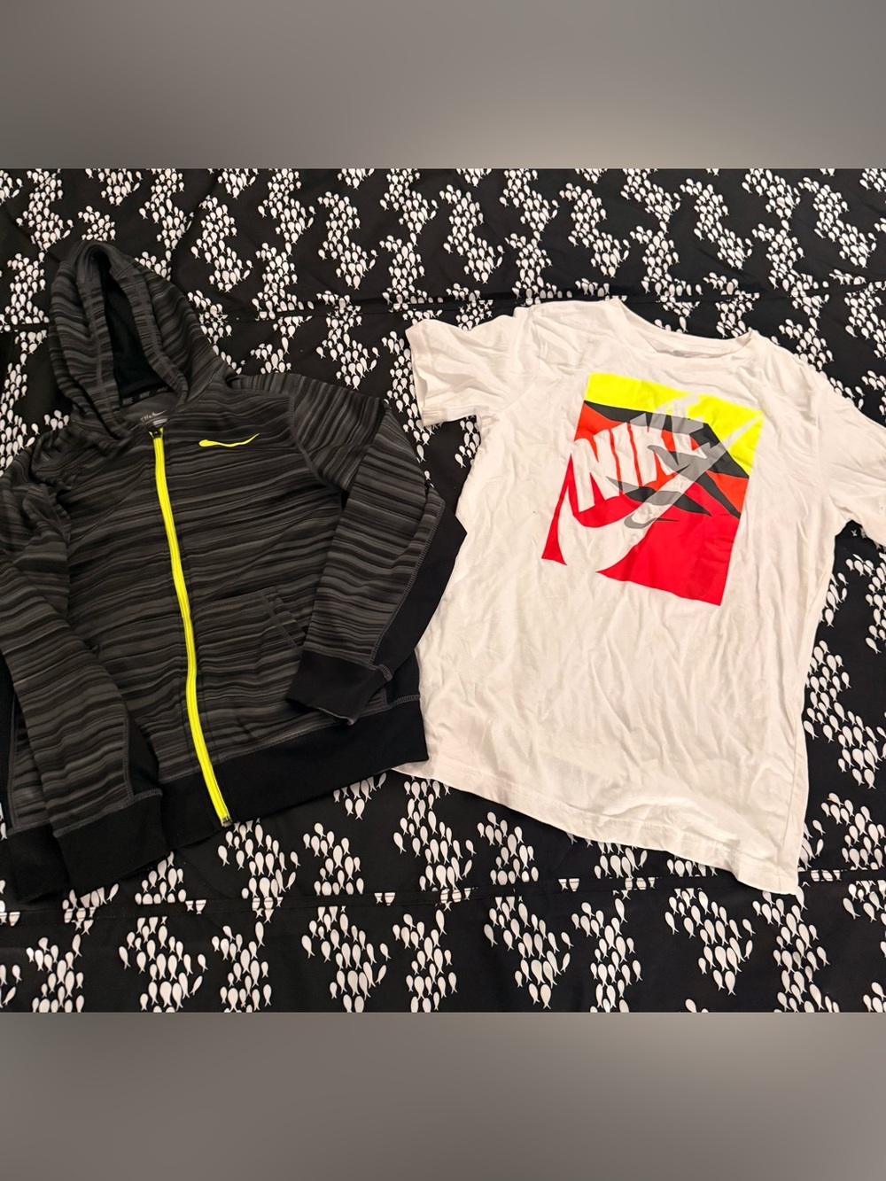 Nike White Graphic Tee & Black Zip Hoodie Set - Neon Accents